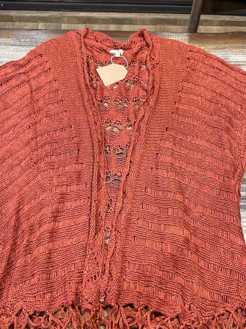 Kori Open-Knit Fringe Cardigan in Rust Orange